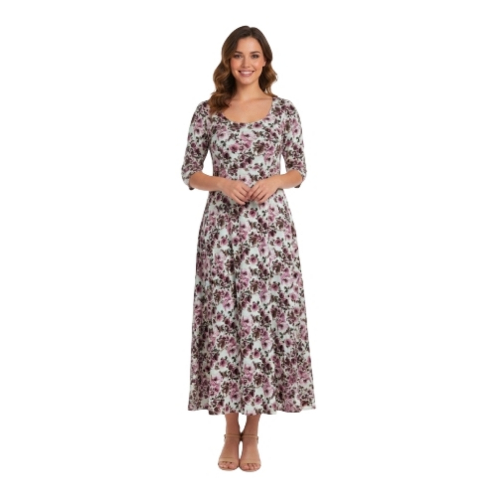 Connected Apparel Floral Purple & White Scoop Neck A-Line Maxi Dress Women's 16